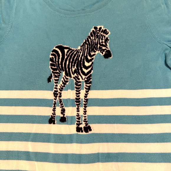 Talbots Light Blue Zebra Cotton Sweater short sleeves Novelty Cute Spring sz M - Picture 2 of 7